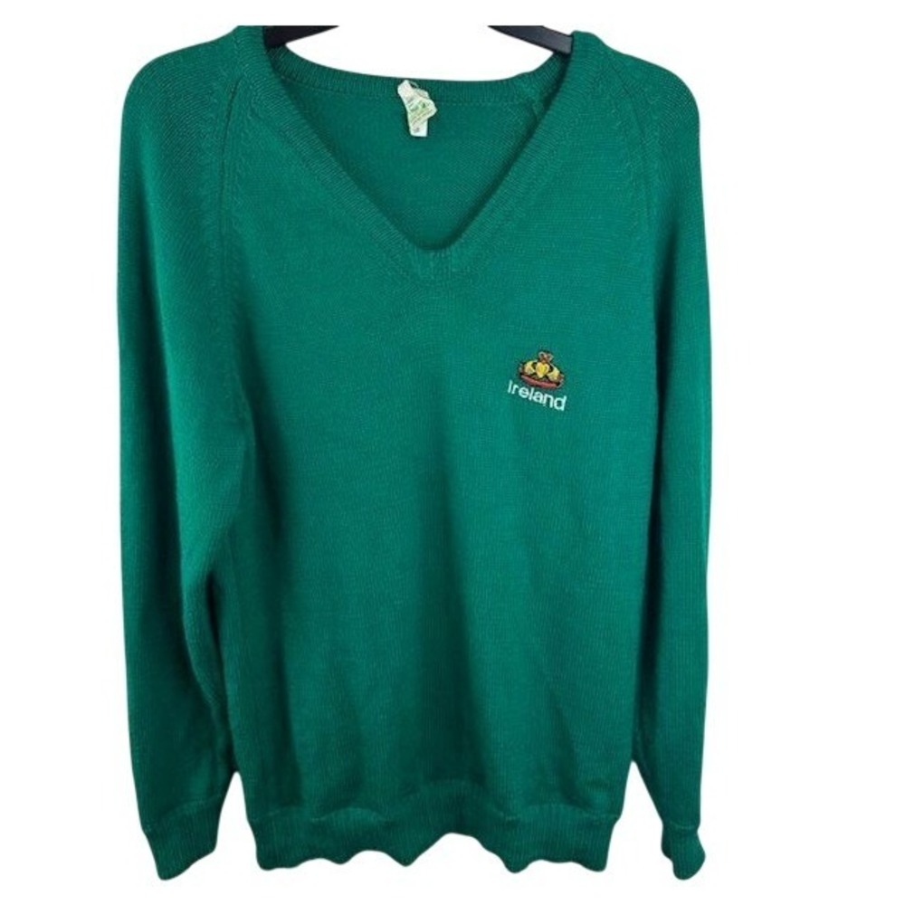 Vintage Trag Knitwear Ireland Claddaugh Kelly Green V-Neck Wool Sweater MD